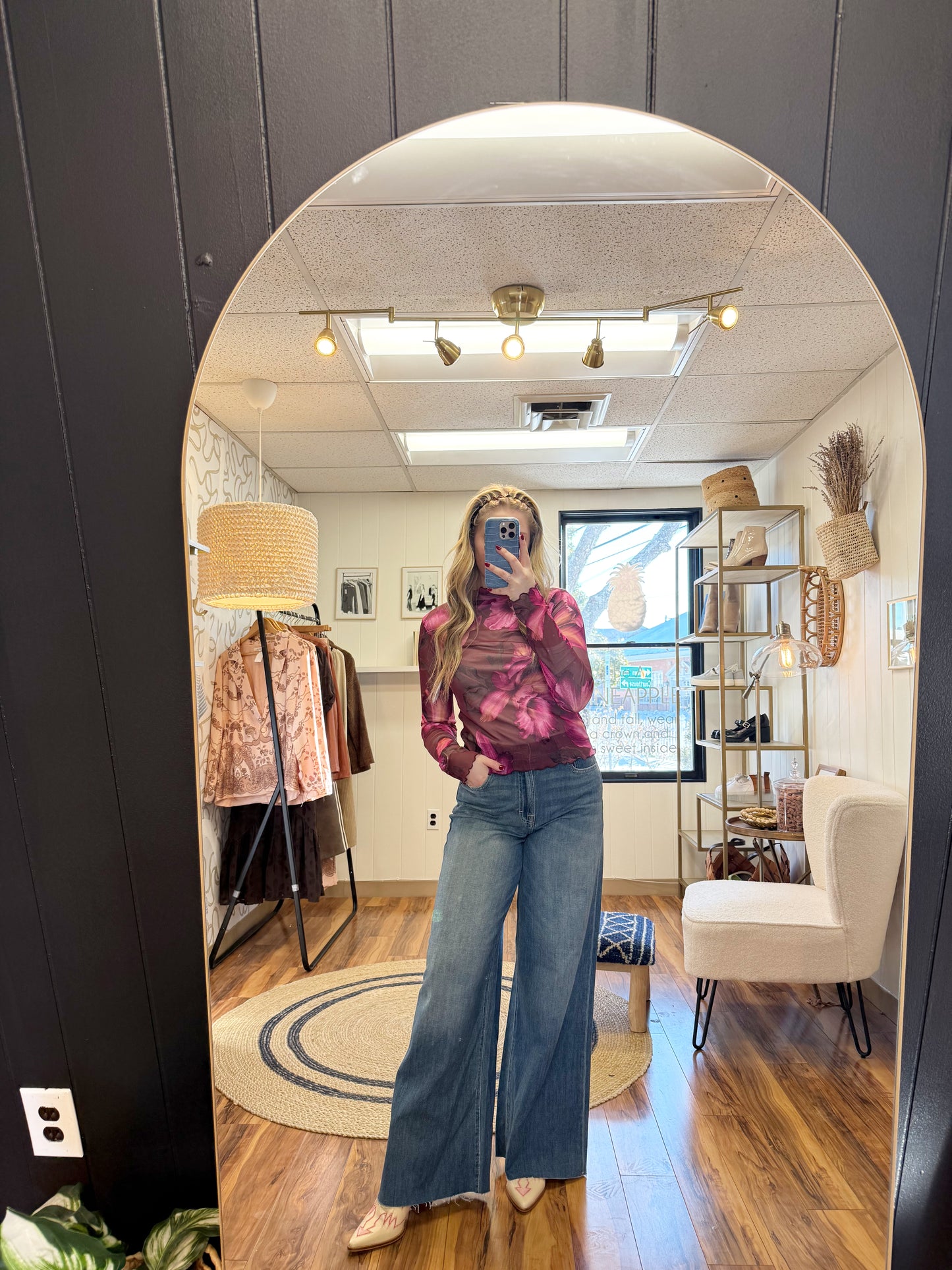 plum floral mesh top